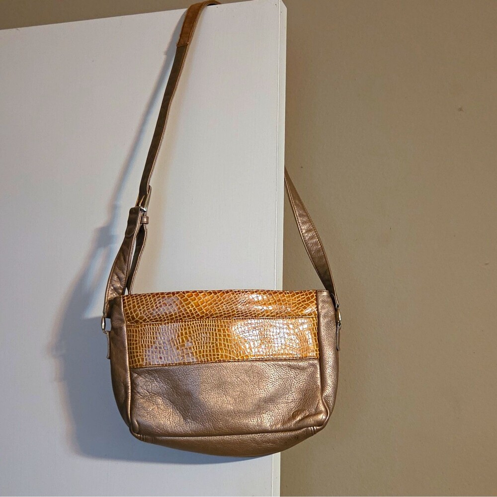 SAS Metallic Bronze Brown Animal Print Shoulder Bag Small Zip Lined Pockets